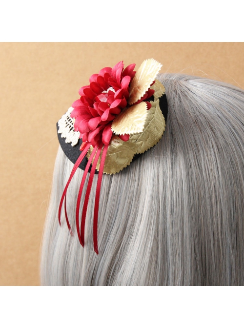 Fashion Female Elegant Retro Dinner Bride Red Flower White Lace Black Top Hat Hairpin