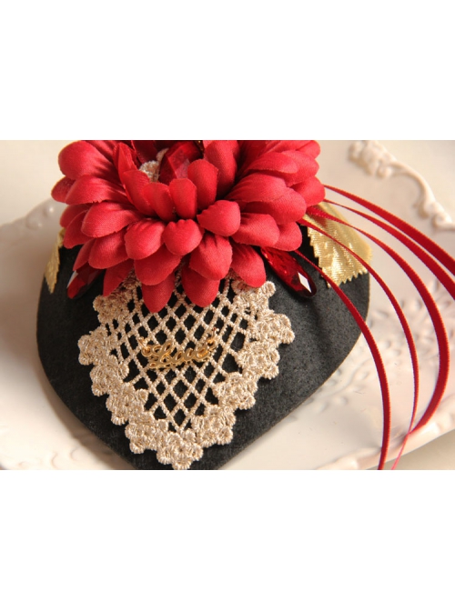 Fashion Female Elegant Retro Dinner Bride Red Flower White Lace Black Top Hat Hairpin