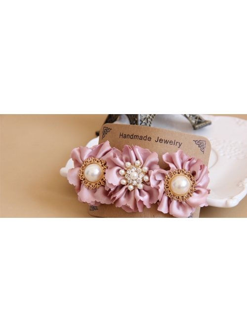 Palace Handmade Retro Fashion Female Pink Flower Fabric White Pearl Hairpin