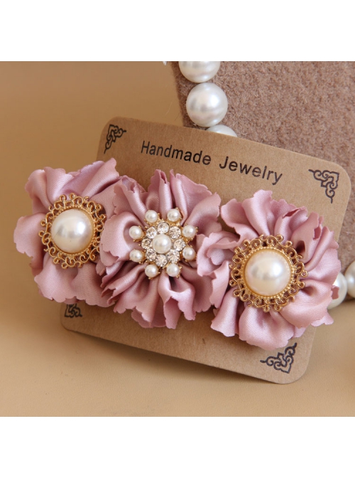 Palace Handmade Retro Fashion Female Pink Flower Fabric White Pearl Hairpin