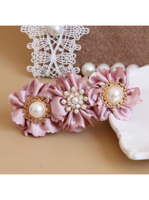 Palace Handmade Retro Fashion Female Pink Flower Fabric White Pearl Hairpin