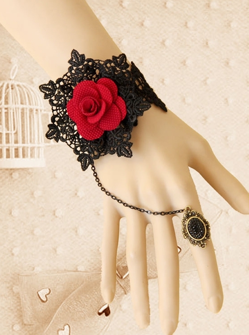 Gothic Fashion Black Retro Lace Red Rose Flower Bracelet With Ring One Chain