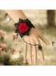 Gothic Fashion Black Retro Lace Red Rose Flower Bracelet With Ring One Chain