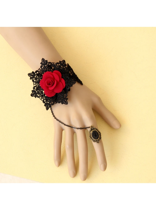 Gothic Fashion Black Retro Lace Red Rose Flower Bracelet With Ring One Chain