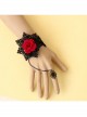 Gothic Fashion Black Retro Lace Red Rose Flower Bracelet With Ring One Chain