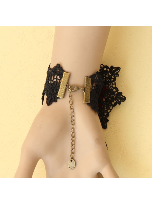 Gothic Fashion Black Retro Lace Red Rose Flower Bracelet With Ring One Chain