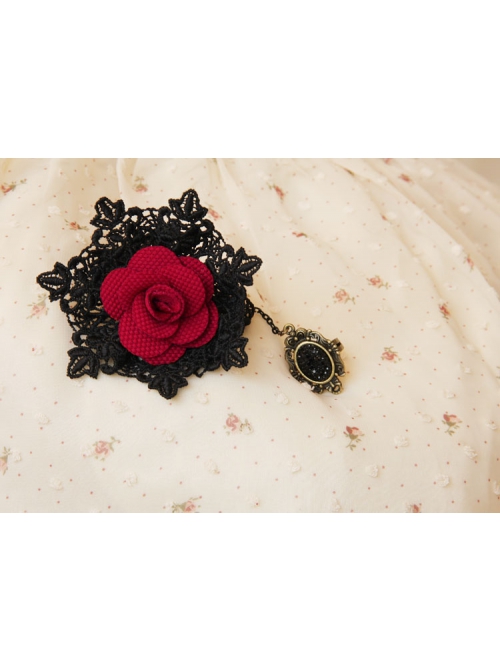 Gothic Fashion Black Retro Lace Red Rose Flower Bracelet With Ring One Chain
