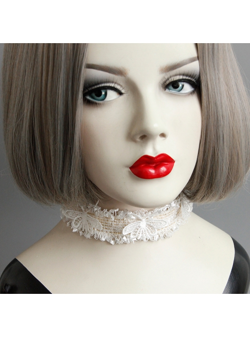 Lolita Fashion Palace Individuality White Lace Butterfly Velvet Rope Short Necklace