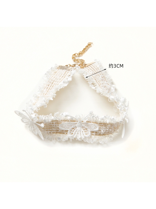 Lolita Fashion Palace Individuality White Lace Butterfly Velvet Rope Short Necklace