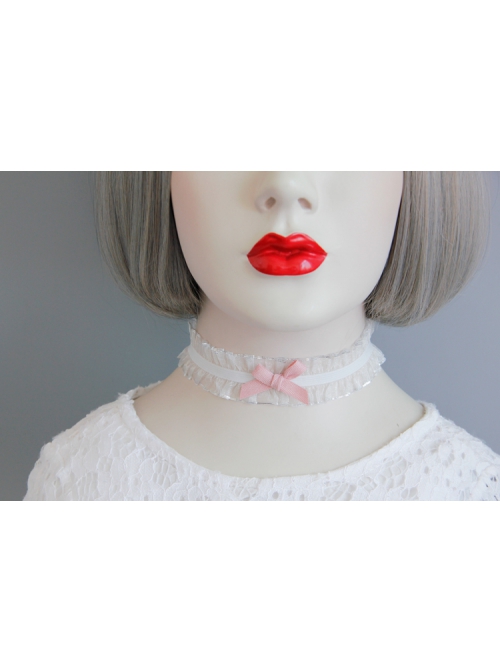 Fashion Personality Pink Bow Lolita Girly Cute White Gauze Elastic Short Necklace