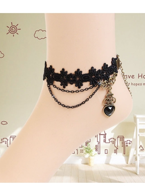 Gothic Palace Retro Black Lace Gemstone Peach Heart Female Anklet
