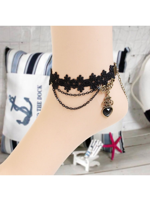 Gothic Palace Retro Black Lace Gemstone Peach Heart Female Anklet