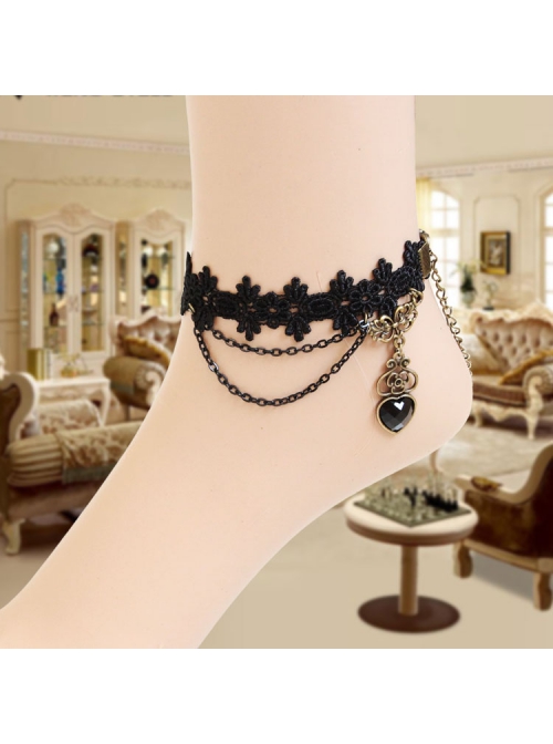Gothic Palace Retro Black Lace Gemstone Peach Heart Female Anklet