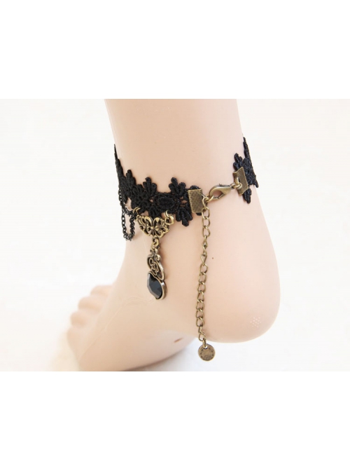 Gothic Palace Retro Black Lace Gemstone Peach Heart Female Anklet