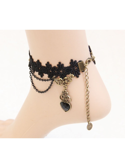 Gothic Palace Retro Black Lace Gemstone Peach Heart Female Anklet