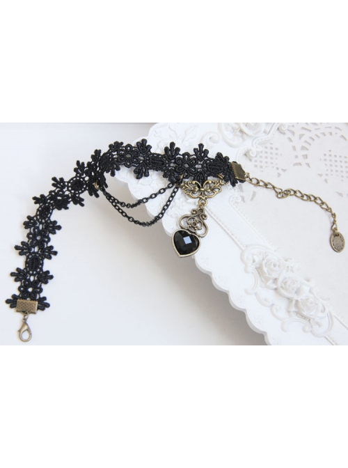 Gothic Palace Retro Black Lace Gemstone Peach Heart Female Anklet