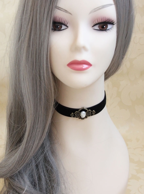 Retro Fashion Simple Black Velvet White Pearl Gothic Lolita Collar