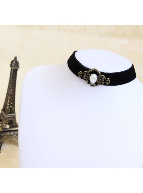 Retro Fashion Simple Black Velvet White Pearl Gothic Lolita Collar