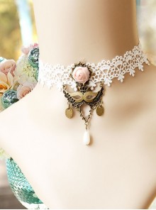Fashion Personality Mask Queen Pink Rose Flower White Retro Lace Pearl Female Choker