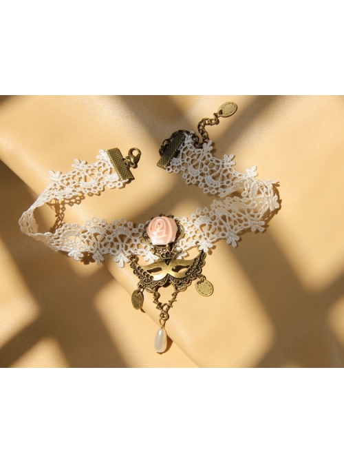Fashion Personality Mask Queen Pink Rose Flower White Retro Lace Pearl Female Choker
