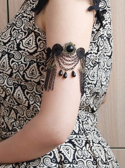 Gothic Retro Fashion Black Tassel Pearl Lace Gemstone Pearl Vampire Armband Bracelet