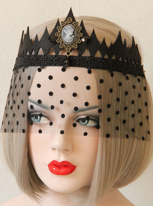 Gothic Fashion Retro Beauty Black Crown Sexy Prom Hollow Polka Dot Lace Veil