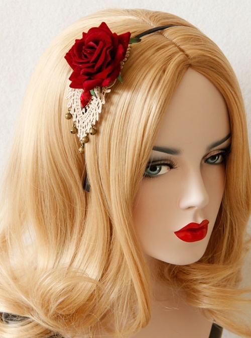 Fashion Retro Handmade Halloween Christmas Red Roses White Lace Bells Headband