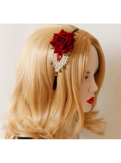 Fashion Retro Handmade Halloween Christmas Red Roses White Lace Bells Headband