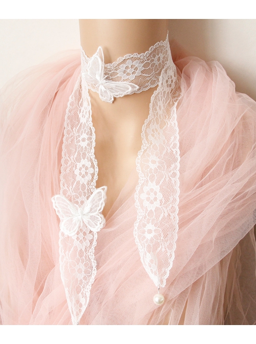 Fashion Retro Palace Lolita White Butterfly Lace Long Necklace