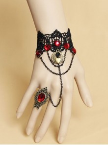 Gothic Retro Fashion Black Lace Ruby Vampire Love Bracelet With Ring One Chain