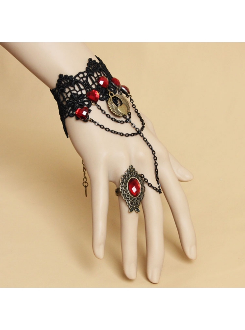 Gothic Retro Fashion Black Lace Ruby Vampire Love Bracelet With Ring One Chain