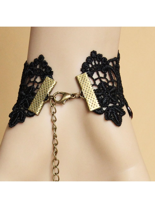 Gothic Retro Fashion Black Lace Ruby Vampire Love Bracelet With Ring One Chain