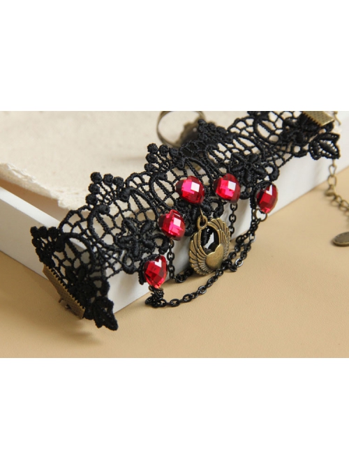 Gothic Retro Fashion Black Lace Ruby Vampire Love Bracelet With Ring One Chain
