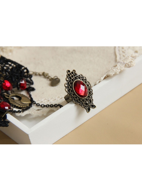 Gothic Retro Fashion Black Lace Ruby Vampire Love Bracelet With Ring One Chain