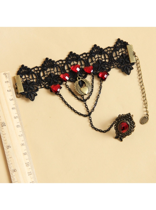 Gothic Retro Fashion Black Lace Ruby Vampire Love Bracelet With Ring One Chain