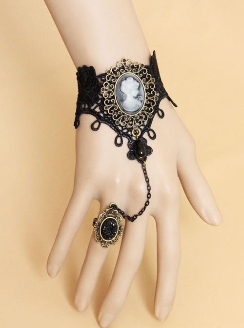 Retro Fashion Gothic Handmade Black Lace Pearl Beauty Portrait Female Bracelet With Ring One Chain