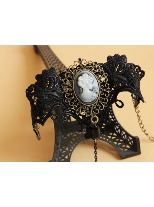 Retro Fashion Gothic Handmade Black Lace Pearl Beauty Portrait Female Bracelet With Ring One Chain