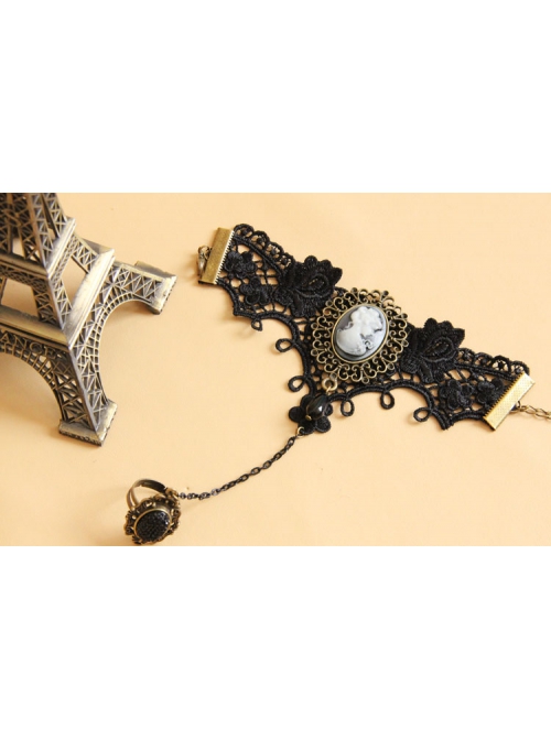 Retro Fashion Gothic Handmade Black Lace Pearl Beauty Portrait Female Bracelet With Ring One Chain
