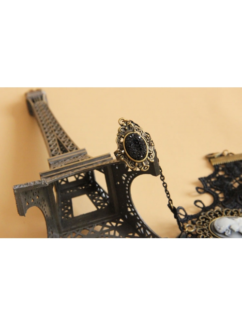 Retro Fashion Gothic Handmade Black Lace Pearl Beauty Portrait Female Bracelet With Ring One Chain