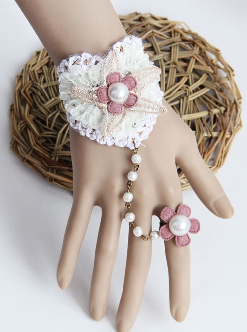 Fashion Cute Lady Love Flower Starfish White Pearl Golden Lace Bracelet Ring One Chain