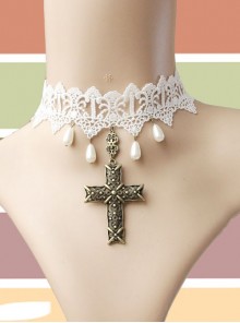 Baroque Fashion Personality Cross White Lace Pearl Religious Bride Gown Wedding Necklace
