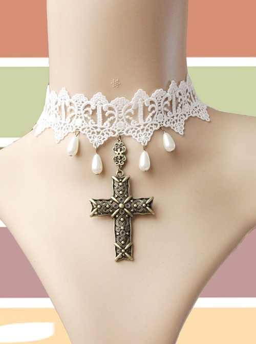 Baroque Fashion Personality Cross White Lace Pearl Religious Bride Gown Wedding Necklace