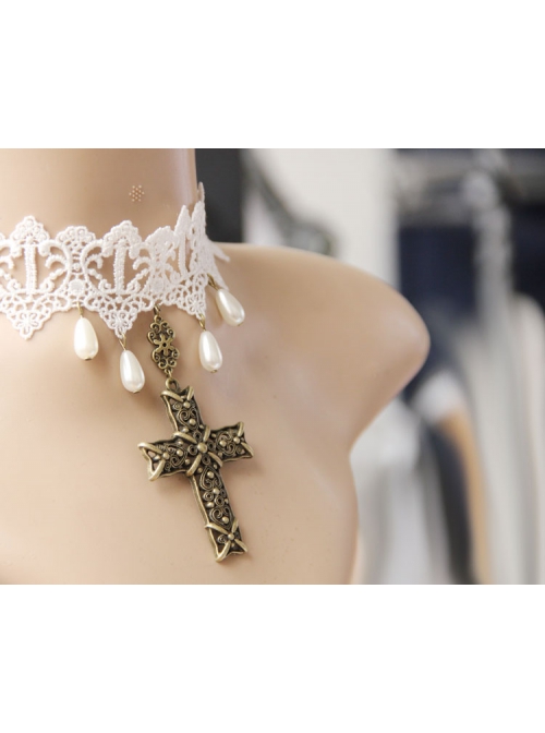 Baroque Fashion Personality Cross White Lace Pearl Religious Bride Gown Wedding Necklace