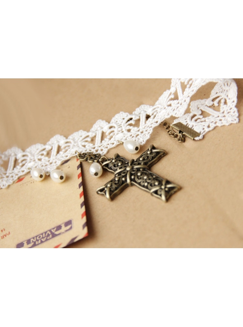 Baroque Fashion Personality Cross White Lace Pearl Religious Bride Gown Wedding Necklace