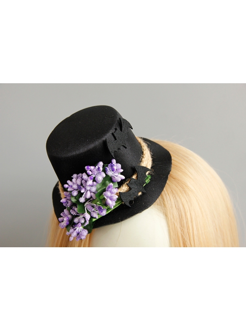 Fashion Retro Halloween Purple Flowers Black Bat Show Adult Male Female Party Prom Top Hat Hairpin