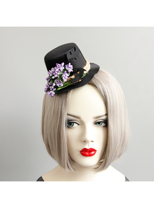 Fashion Retro Halloween Purple Flowers Black Bat Show Adult Male Female Party Prom Top Hat Hairpin