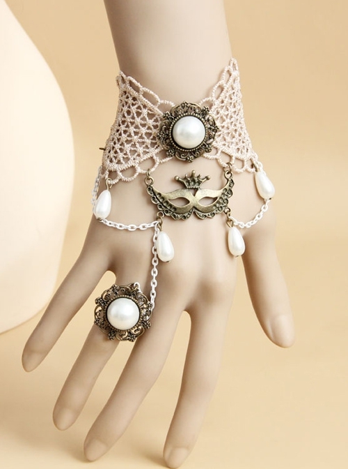 Fashion Retro Prom Party Performance White Lace Pearl Mask Female Band Ring Bracelet