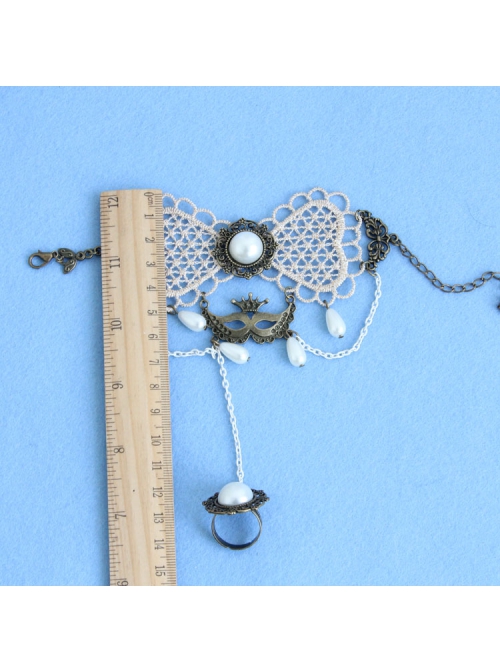 Fashion Retro Prom Party Performance White Lace Pearl Mask Female Band Ring Bracelet