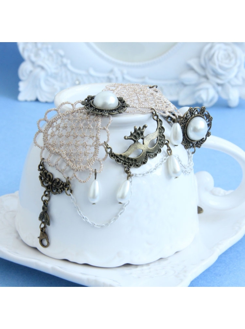 Fashion Retro Prom Party Performance White Lace Pearl Mask Female Band Ring Bracelet