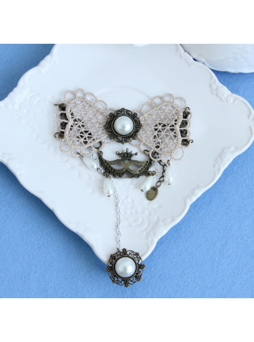 Fashion Retro Prom Party Performance White Lace Pearl Mask Female Band Ring Bracelet